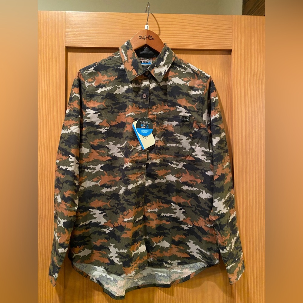 Women’s Salt Life SLX Performance UPF30 Brushed Stretch Flannel Shirt NWT Camo